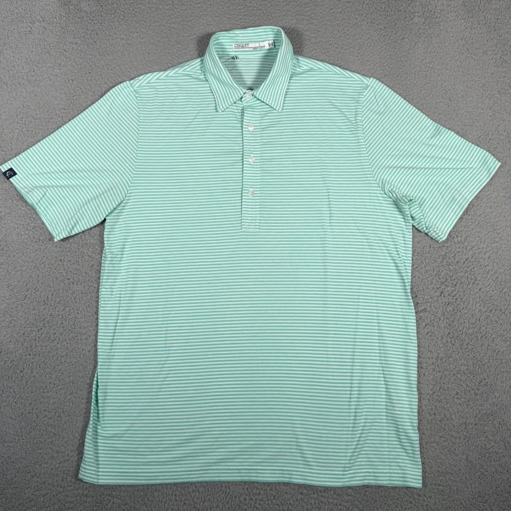Criquet Polo Mens Large Green White Striped Golf Short Sleeve Stretch Casual